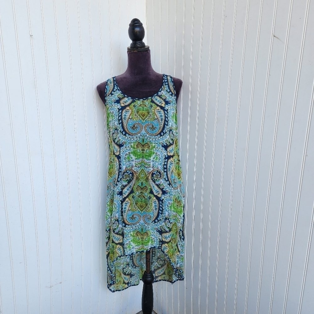 Patrons of Peace Sleeveless Shift Dress Handkerchief Boho Hi- Low Racerback L